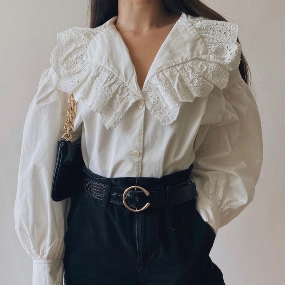 ZARA White Poplin Embroidered Eyelet Blouse Size M